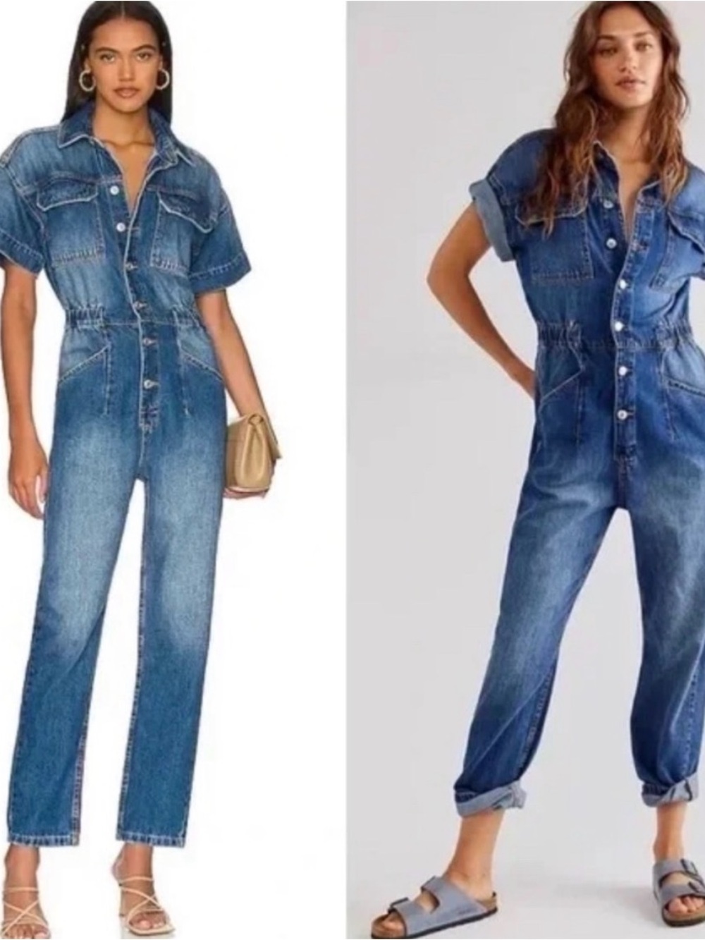 Free People We The Free Marci Denim Jumpsuit Utility Wide Leg Short Sleeve XS